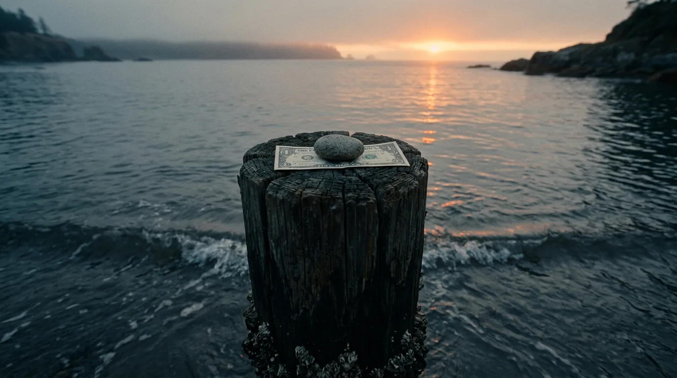 A single dollar bill pinned to a wooden dock post by a small stone as a slow tide creeps in around its base at dawn.