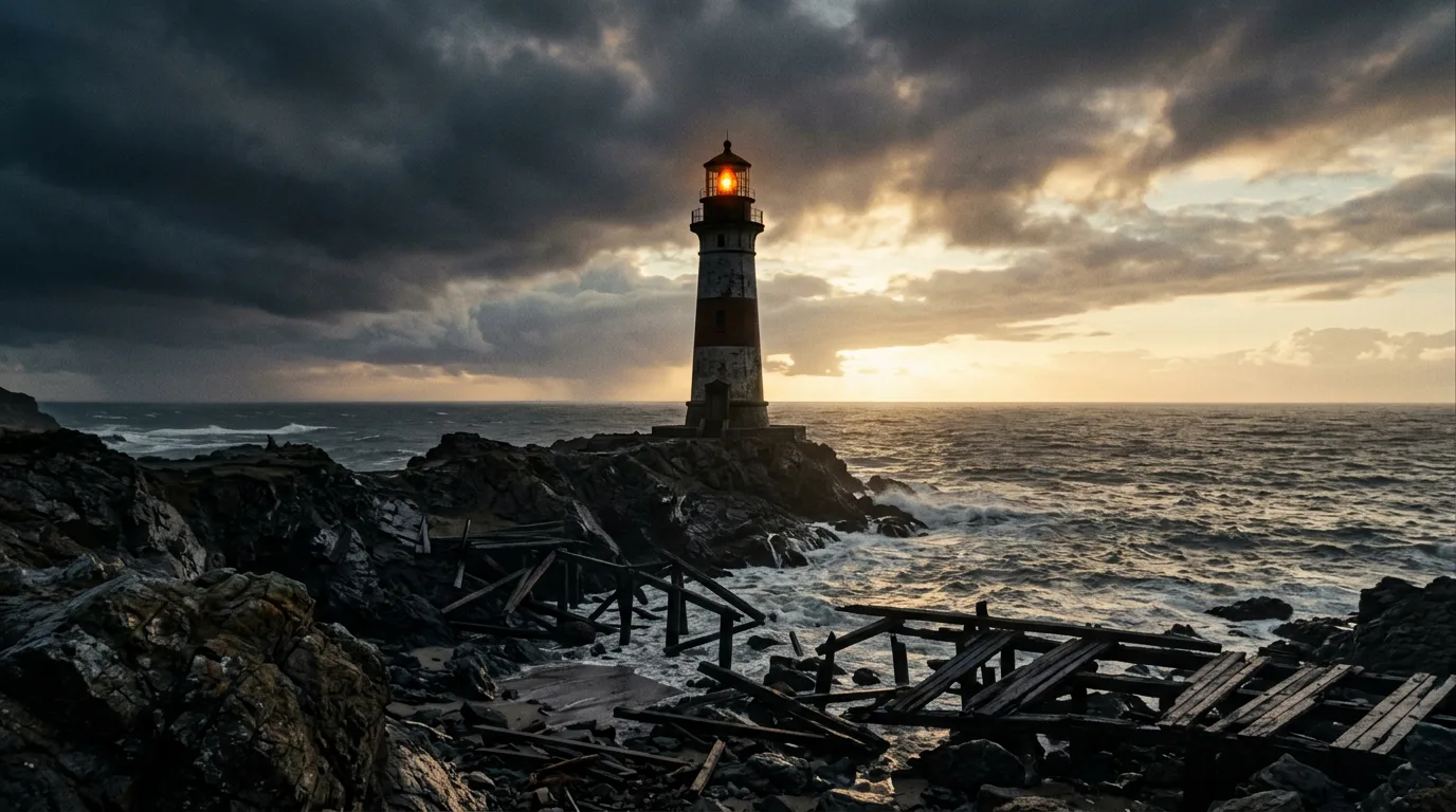 A lighthouse stands alone on a rocky point at dawn after a storm, with the broken timbers of an old pier scattered along the shore below it.