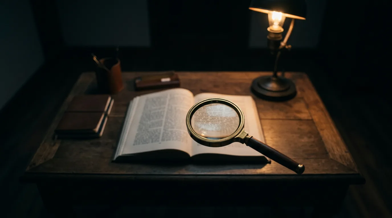 A brass magnifying glass held low over a printed page on a wooden desk at night, lit by a single lamp.