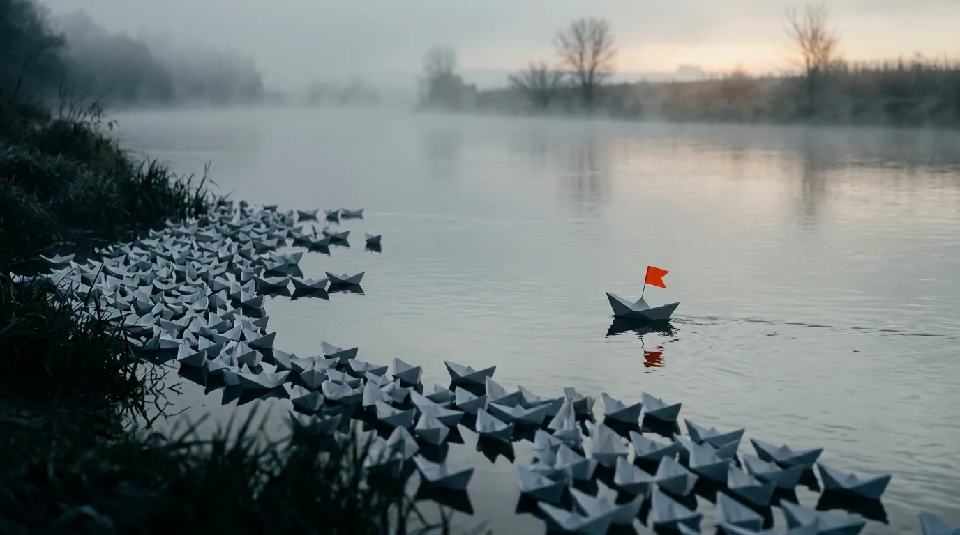 Hundreds of small paper boats drift on a calm river at dawn, nearly all clustered near the bank while one is carried further out by the current.