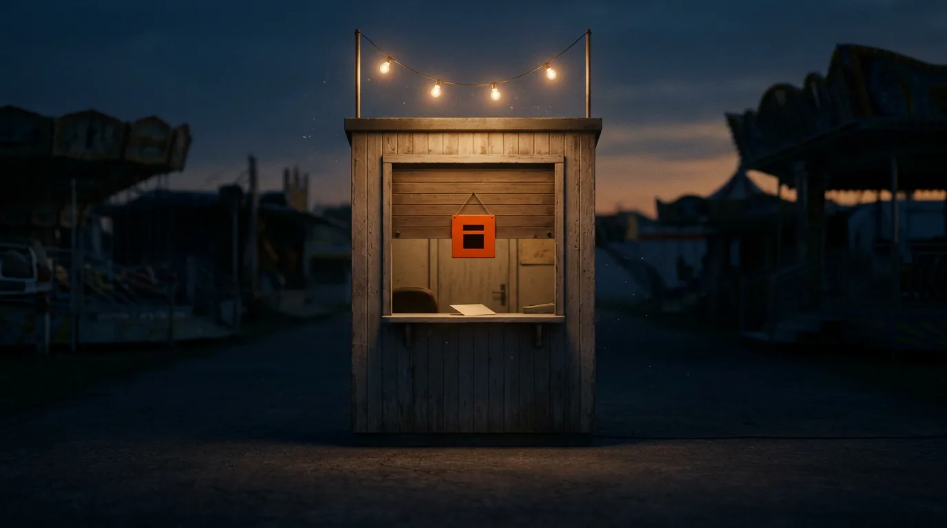 A shuttered fairground ticket booth at dusk with its price card turned face down on the counter.