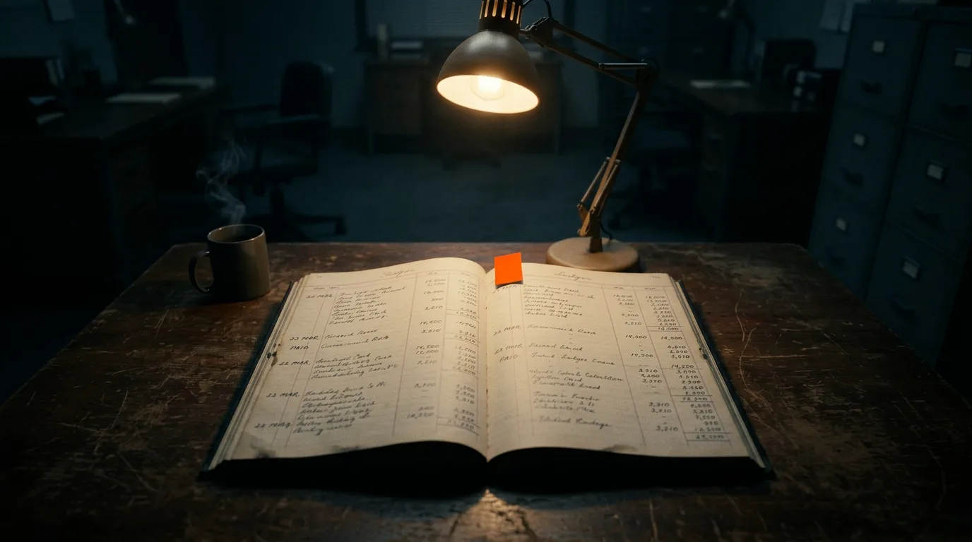 An open ledger book lit by a single desk lamp, tallying what a sponsored listing for startups actually costs after dark.