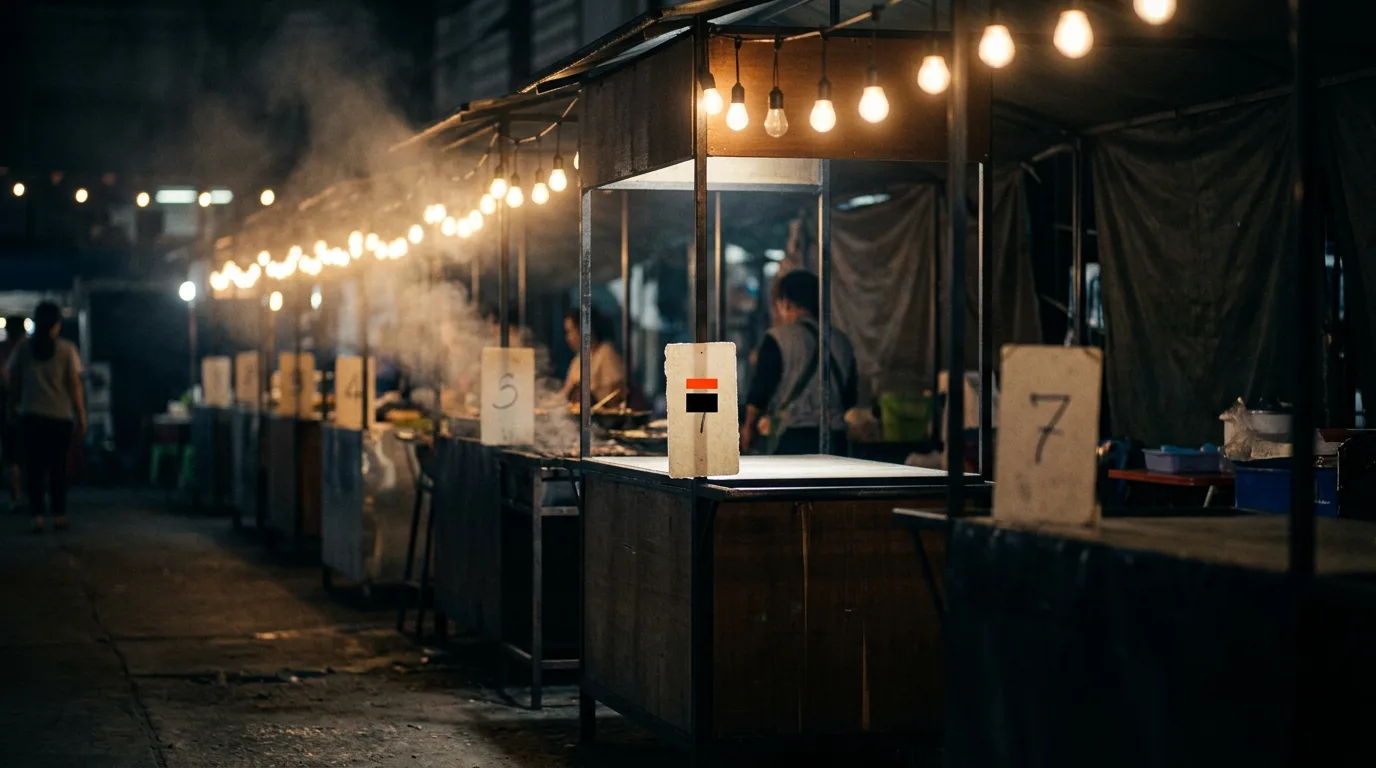 A row of night market stalls, one lit brighter than the rest with its numbered card standing taller.