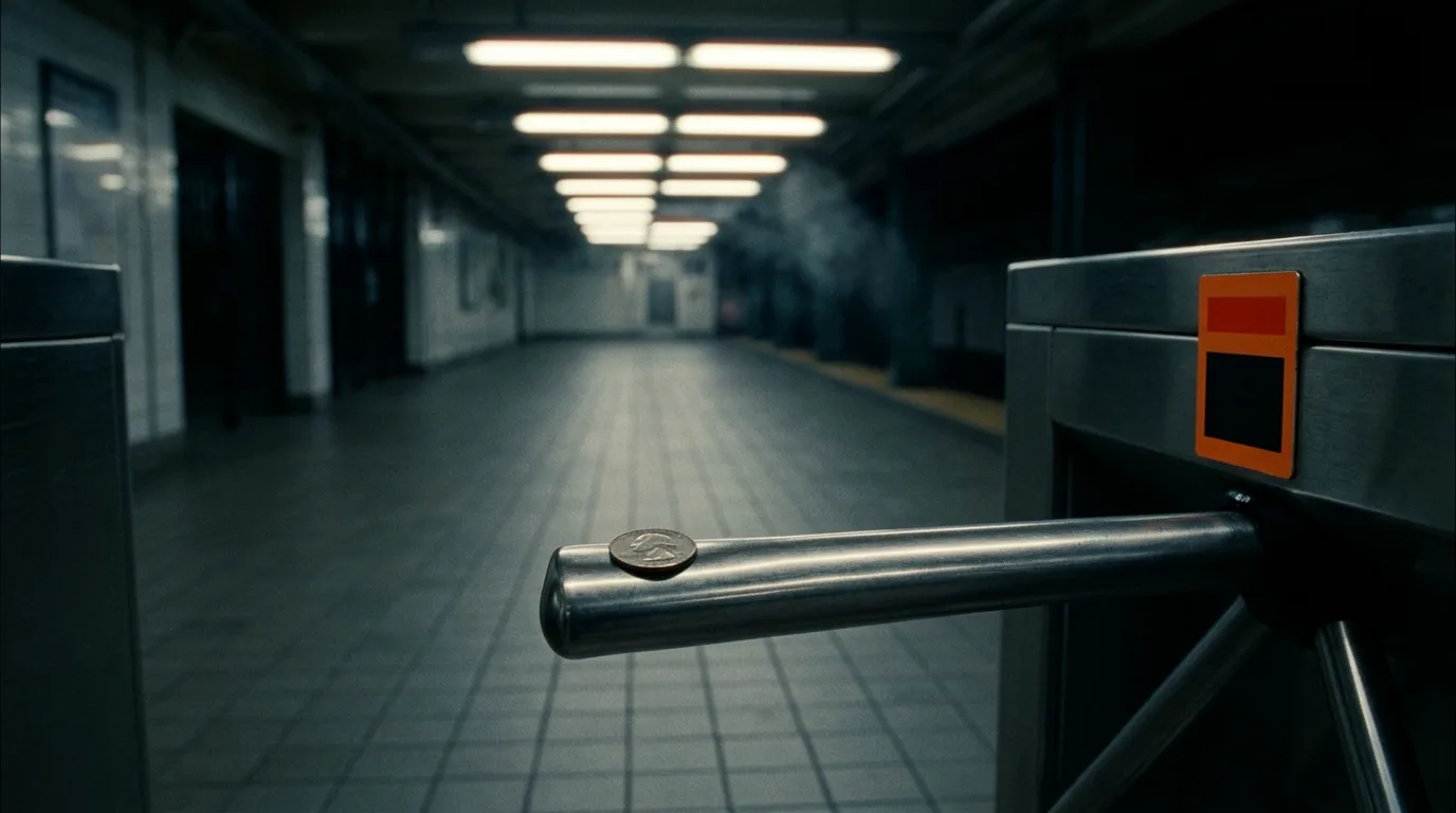 A single coin resting on a subway turnstile in an empty station before the first train.