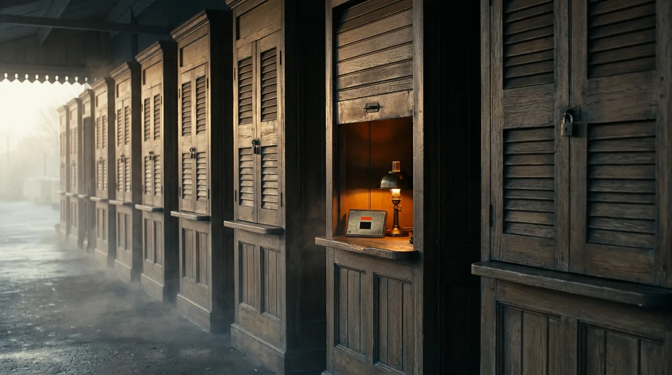 A row of shuttered ticket booths at a quiet station before dawn, one booth open with a warm light and a small marked plaque on its counter.