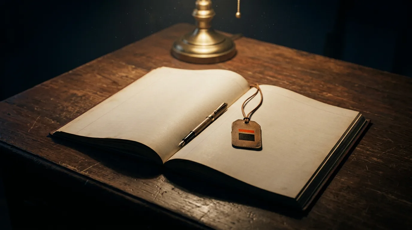 An open ledger book on a worn desk under a single lamp at night, a pen resting across the page, used here to picture tracking a startup directory submission.
