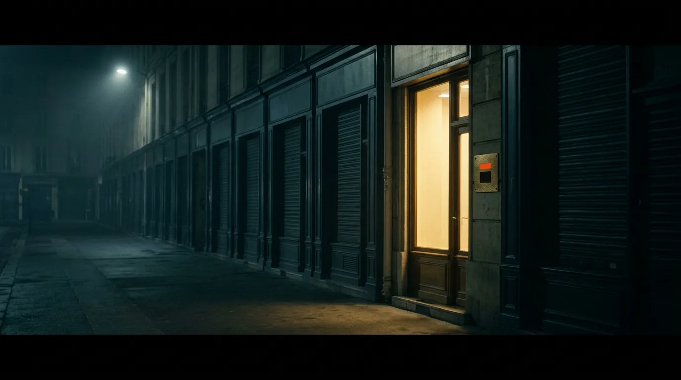 A single lit window standing out warm among a row of otherwise dark shuttered windows along a quiet night street, with a small marked plaque beside it.