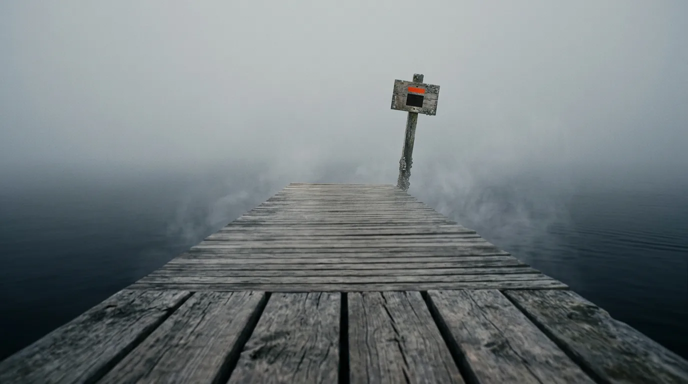 A wooden pier reaching into thick fog over still water, ending before it touches open water, with a small marked sign post at its edge.