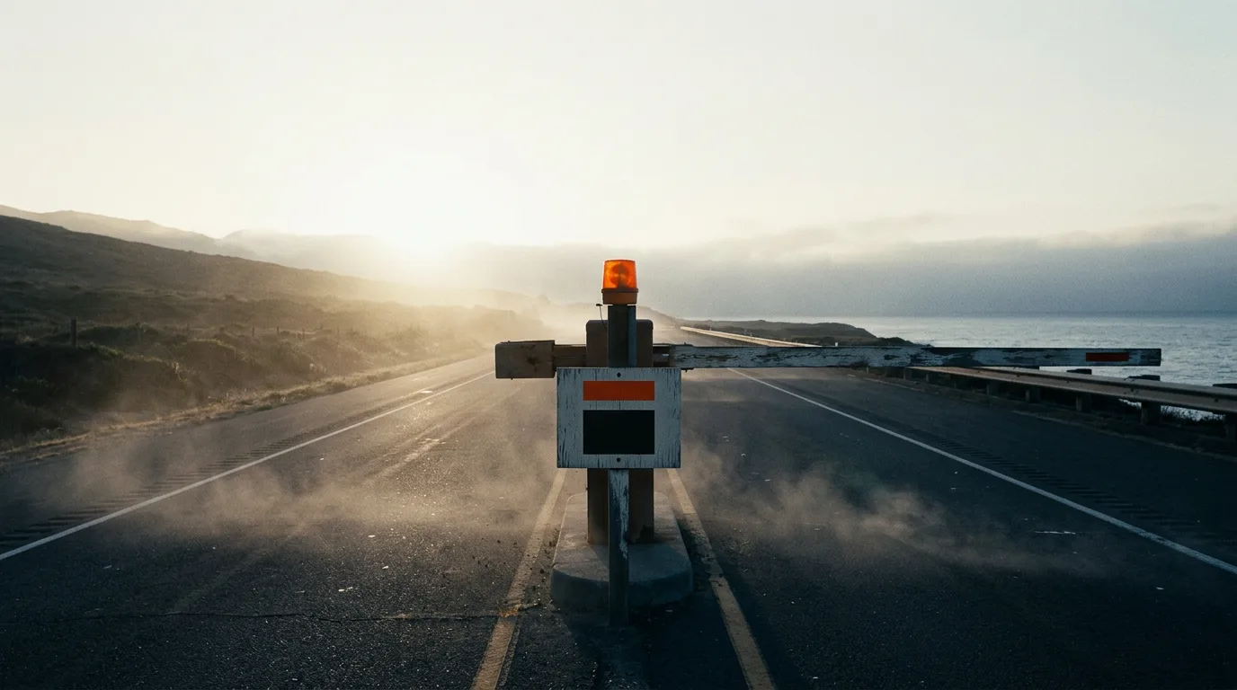 A single toll gate blocking an empty coastal highway at dawn, with a small hand painted price sign beside it standing in for what a website visitor costs.