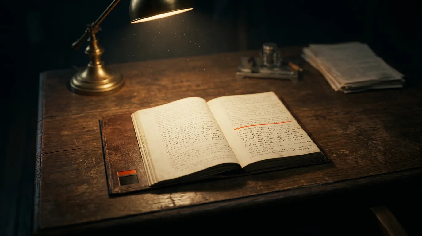 An open leather ledger on a wooden desk under a single lamp at night, one line on the page underlined in orange ink.