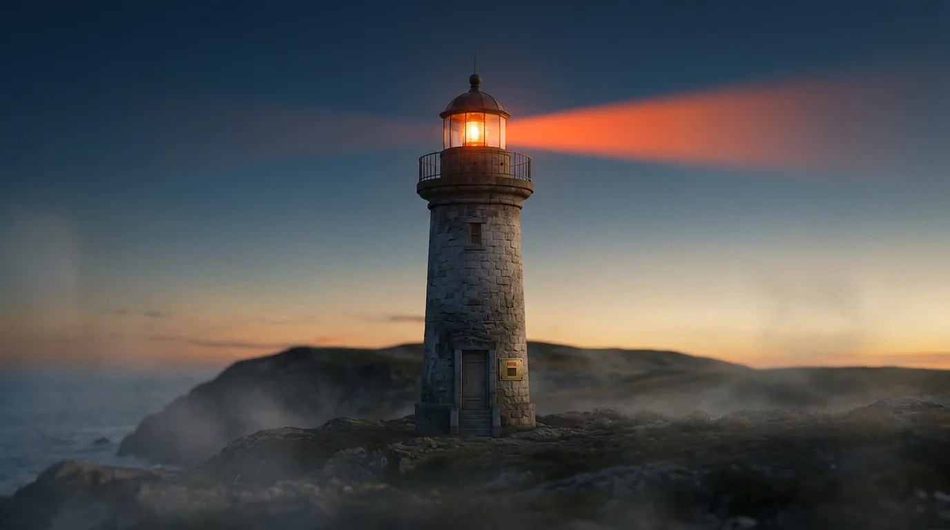A lone lighthouse on a quiet headland at dusk, its lamp just beginning to turn, with a small plaque mounted near its door.