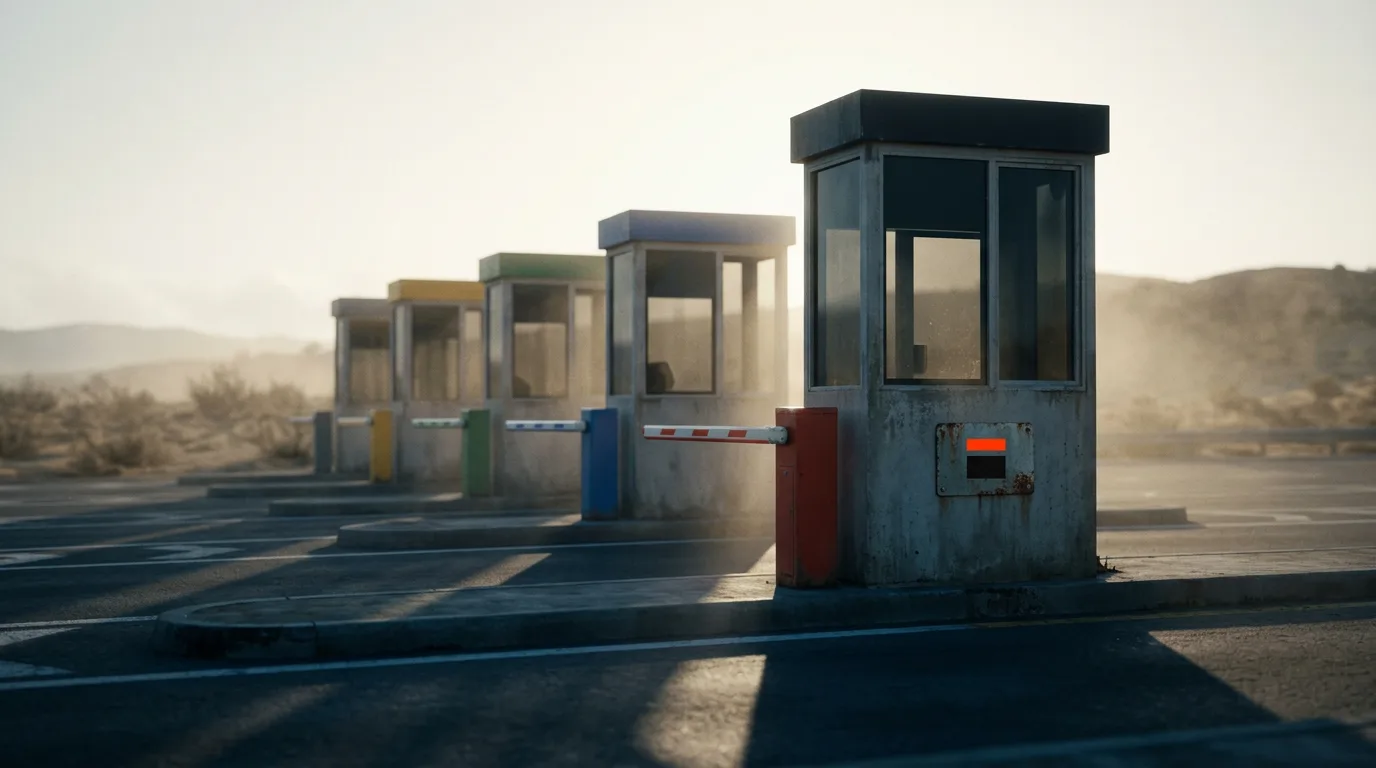 A row of five roadside tollbooths of different heights along an empty highway at sunrise, each with a different colored gate arm and one carrying a small marked plaque.