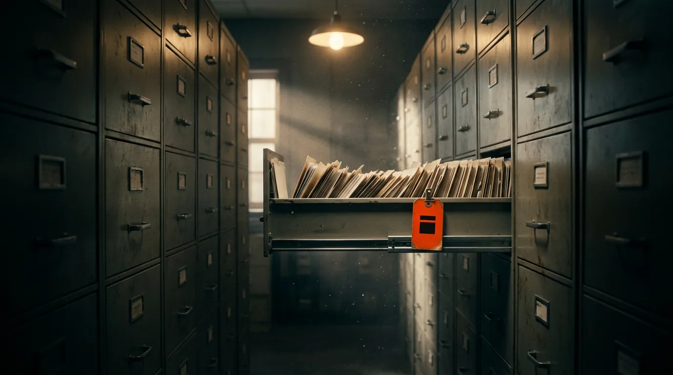 A wall of old steel filing cabinets with one drawer open, paper files leaning inside under a bare bulb.