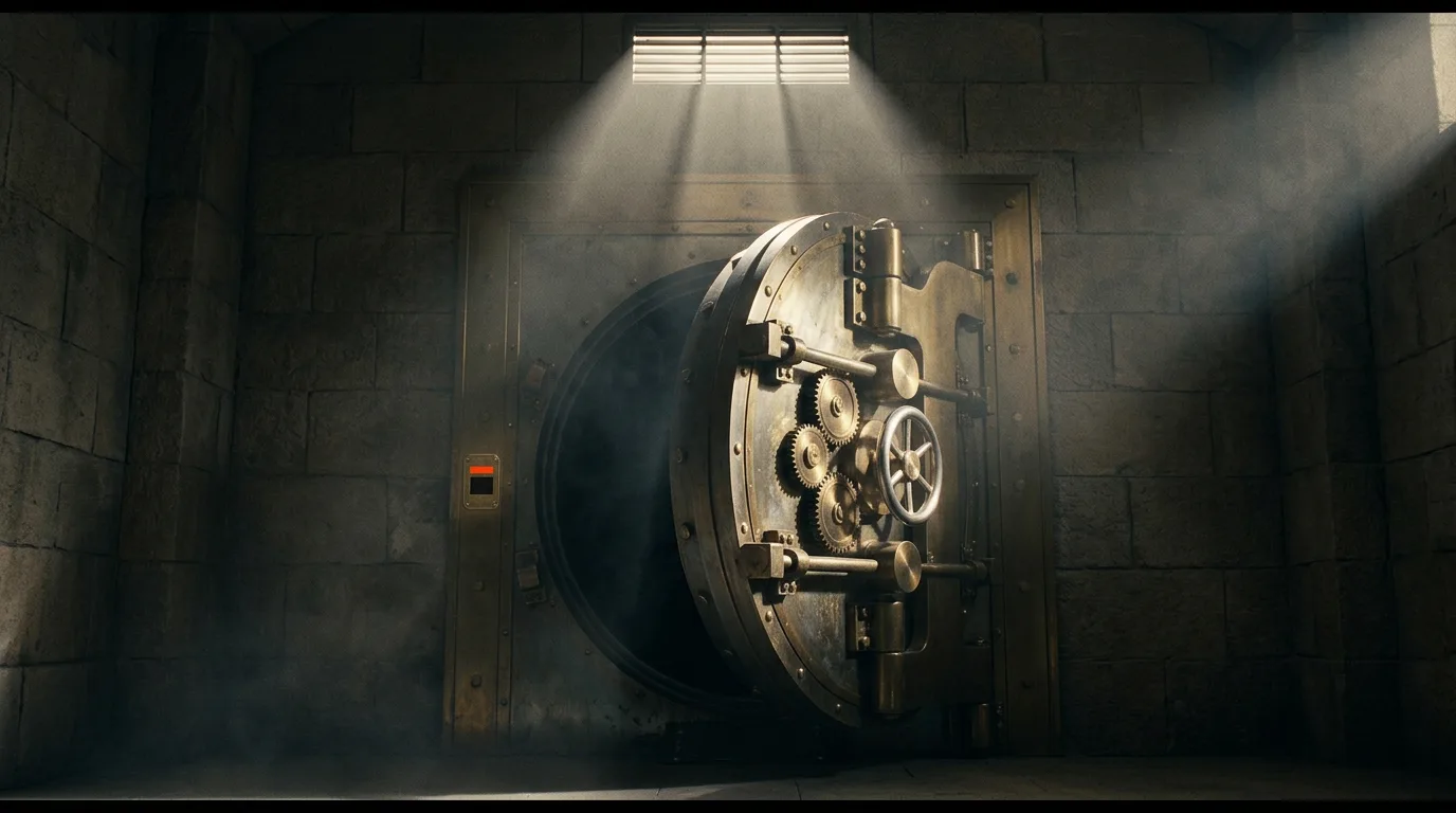 A heavy bank vault door stands open a crack in a stone chamber at dawn, dust hanging in a shaft of light.