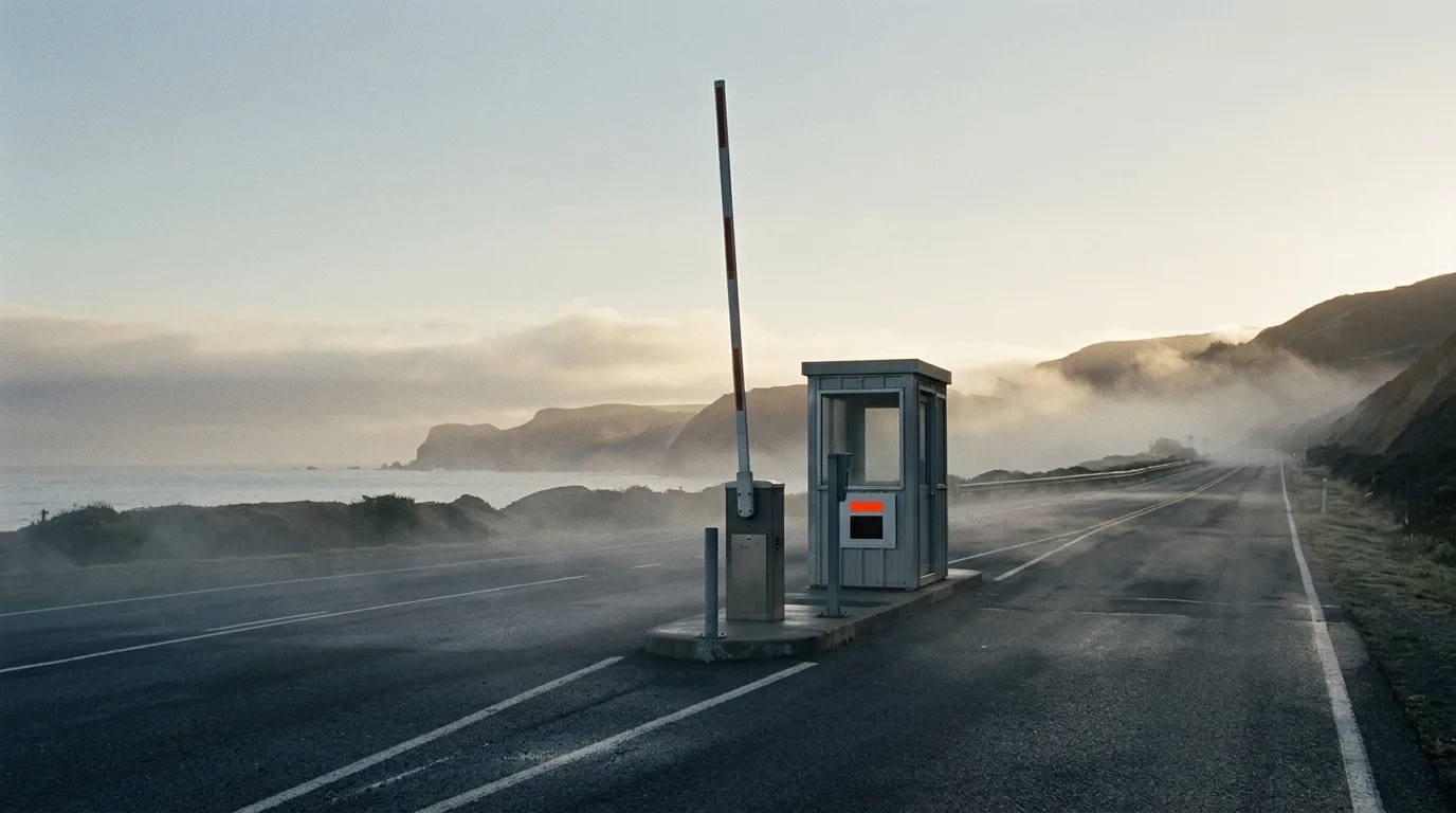 A single toll gate arm raised on an empty coastal road at first light, mist low over the asphalt.