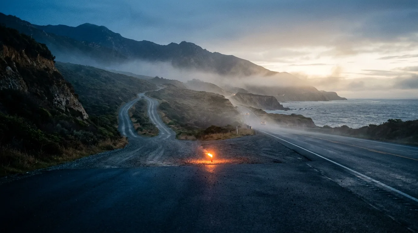 A coastal highway at dawn where several narrow side roads merge onto one lane, marked by a single glowing roadside flare.