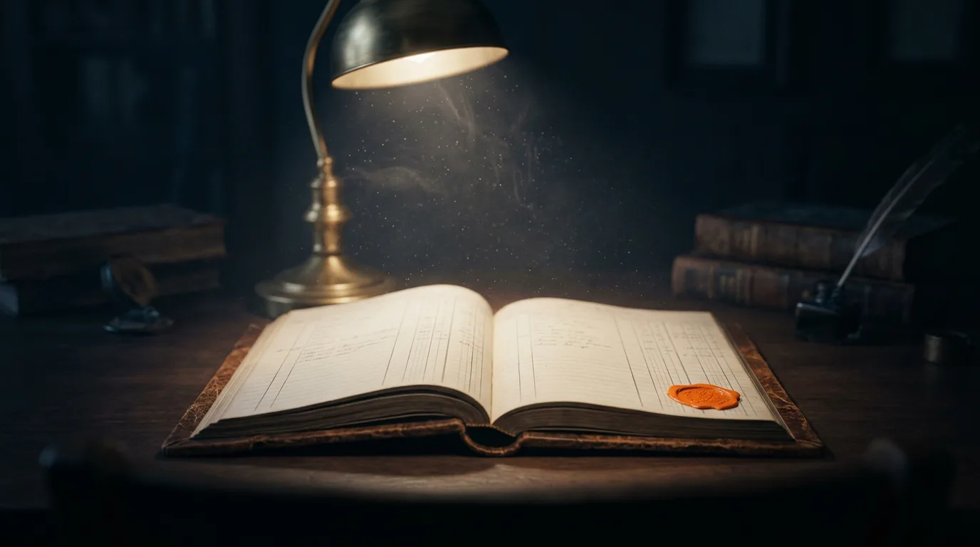 A leather ledger open under a brass desk lamp at night, its ruled columns lit warm against a dark room.