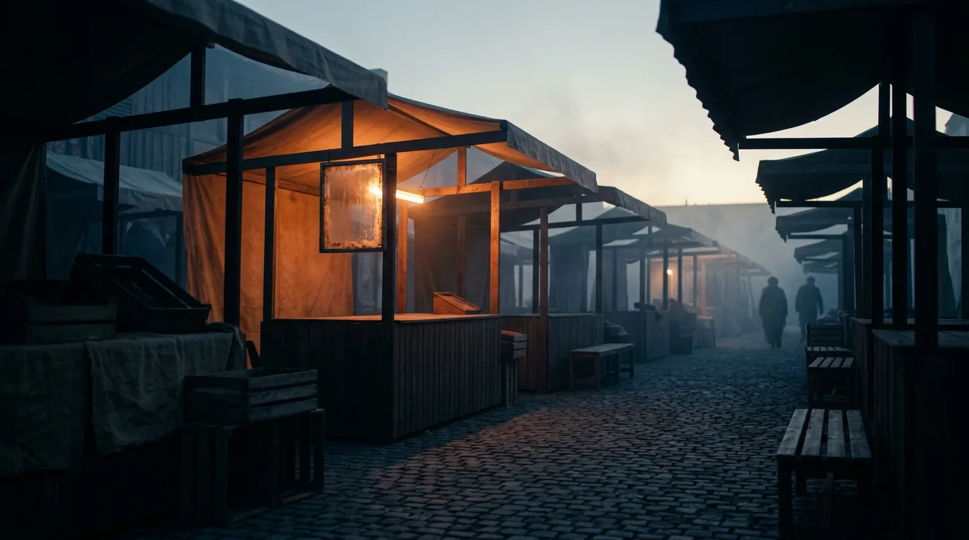An empty market street at dawn, rows of plain stalls in shadow, with the single stall nearest the camera lit under its awning.