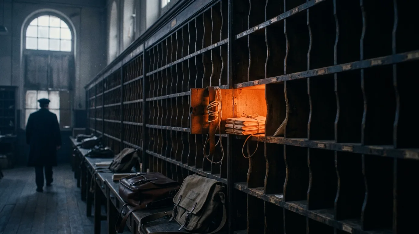 Dozens of small wooden pigeonhole slots in an old sorting room, one lit warmly from within while the rest sit in shadow.