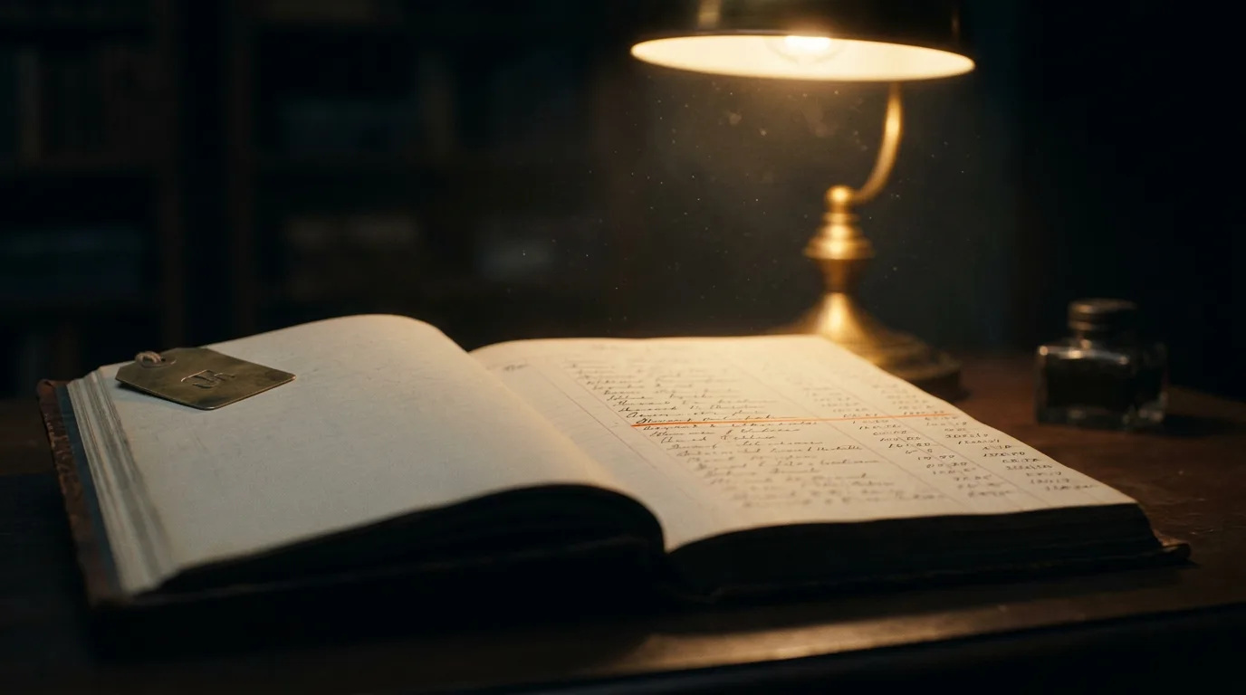 An open ledger lit by a single desk lamp at night, one line underlined in fresh ink.