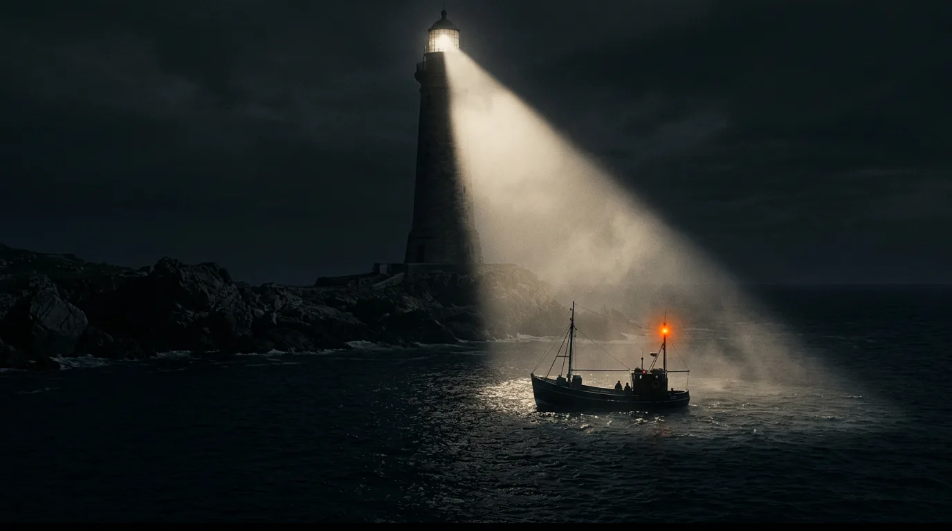 A lighthouse beam sweeping over dark water, a small boat holding steady inside it.