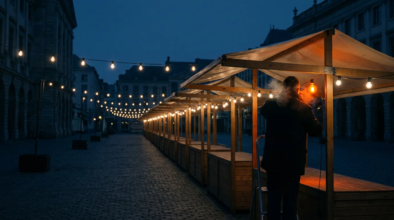 A row of empty market stalls strung with low bulbs before sunrise.