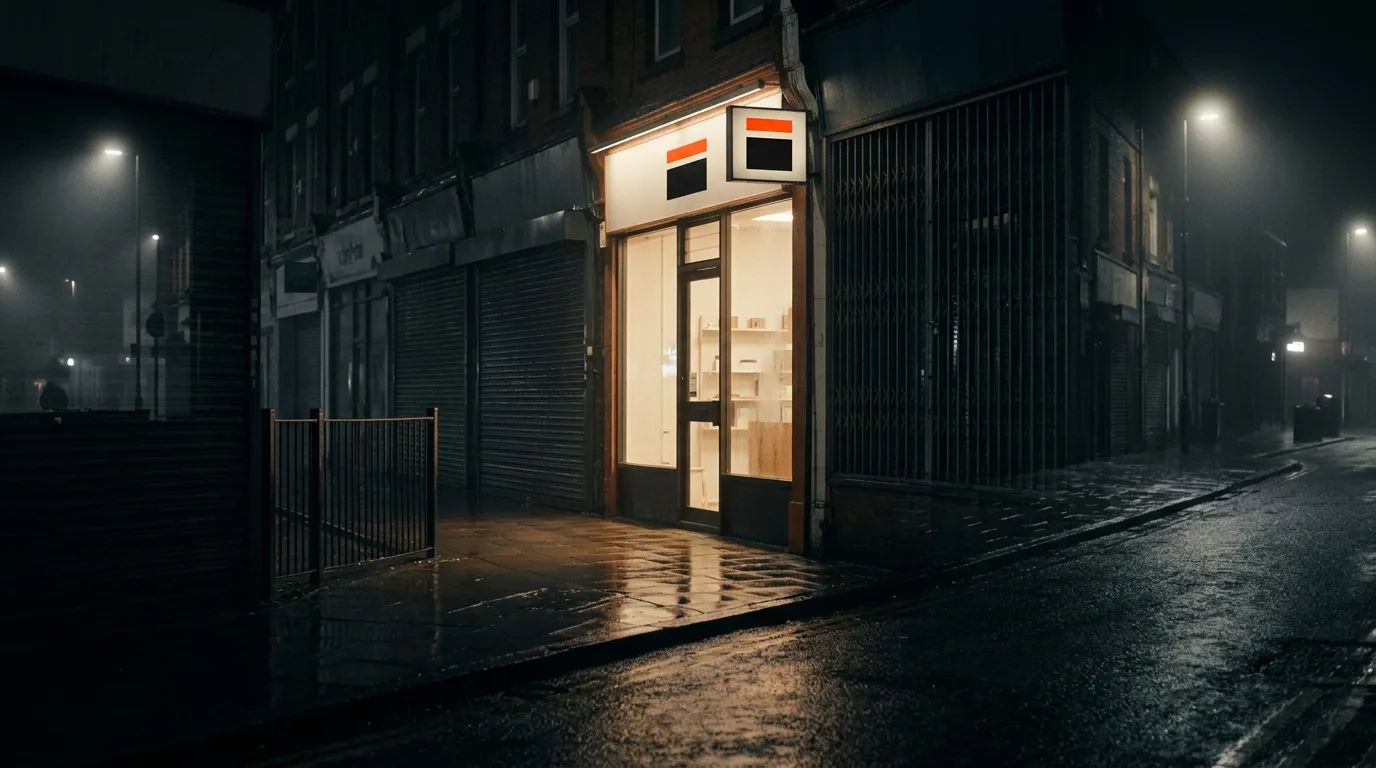 A single lit shopfront window and sign glowing along a row of dark, shuttered shopfronts on a quiet high street at night, wet pavement reflecting the light.