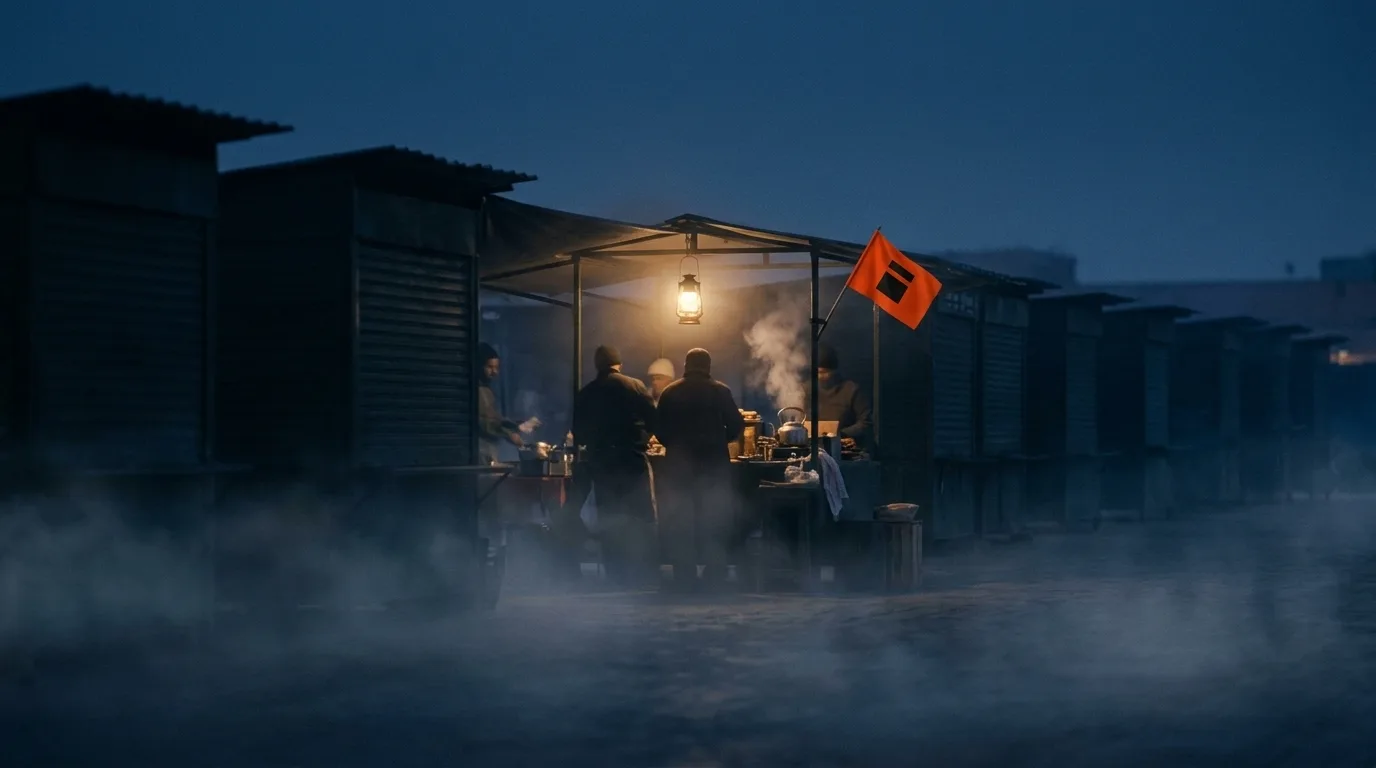 One market stall lit by a lantern at dawn among rows still dark, a plain mark on its flag: paid placement for small brands is one spot lit because someone paid for it.