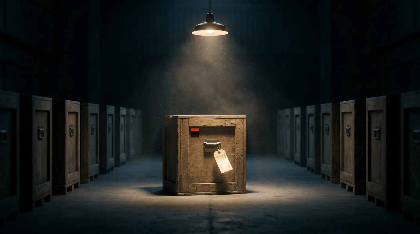 A single wooden shipping crate under a hanging work lamp in a warehouse aisle, a paper tag on its handle, rows of unlit crates behind it.
