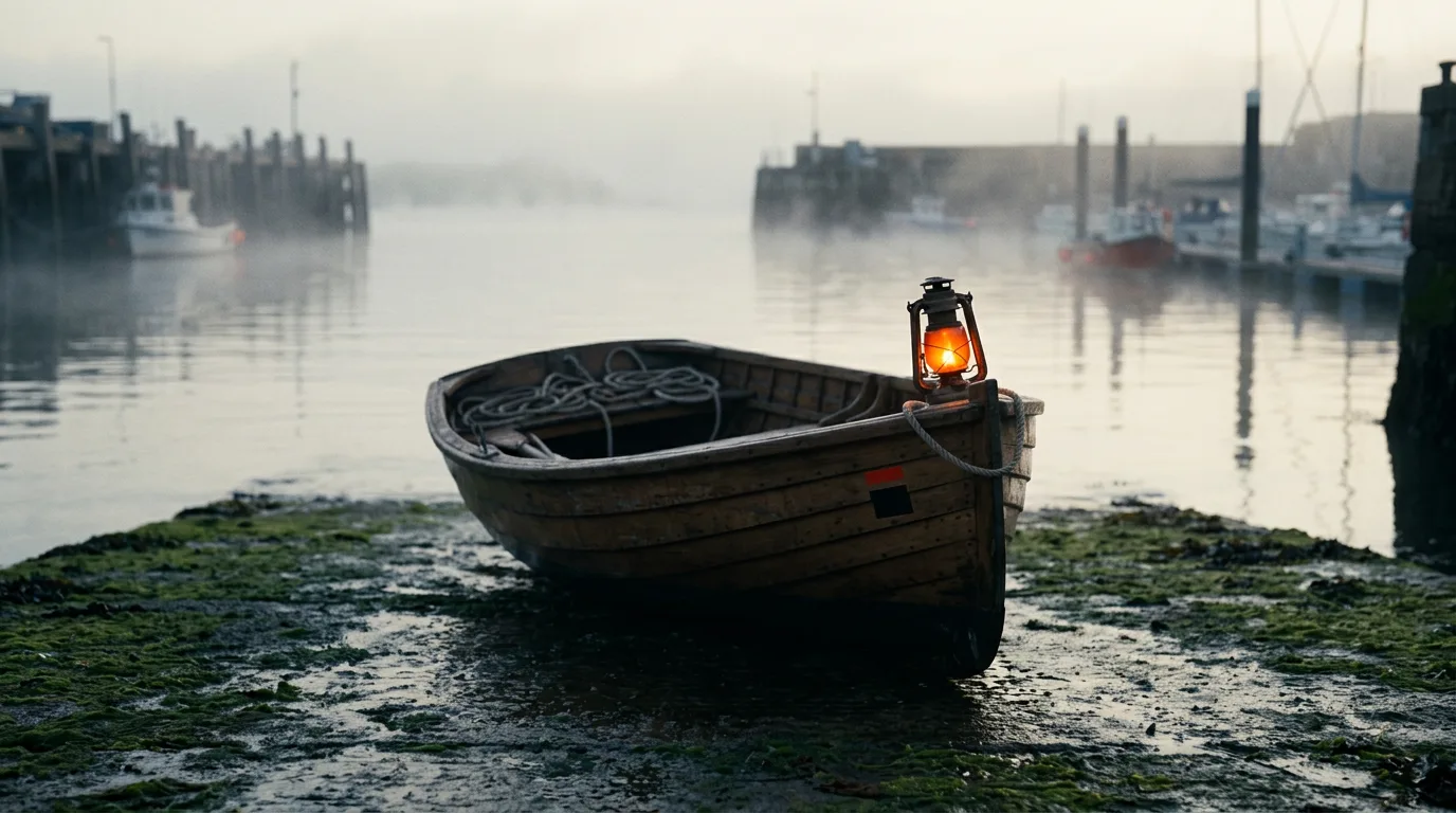 A small wooden boat rests on a launch ramp at dawn, ropes coiled and a lantern lit at its bow, mist low over the harbor water.