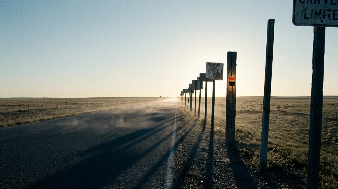 A narrow paved road runs toward the horizon at first light, lined with weathered signposts casting long shadows.
