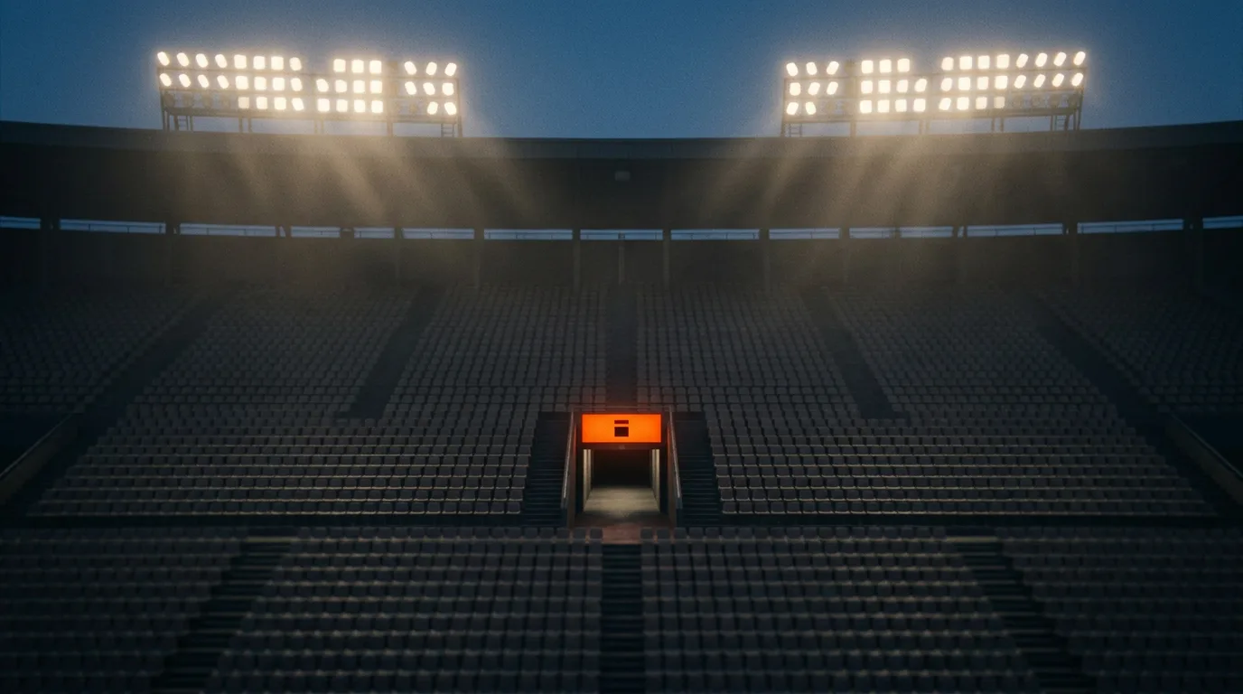 An empty stadium sits silent under floodlights just switching on before the gates open.