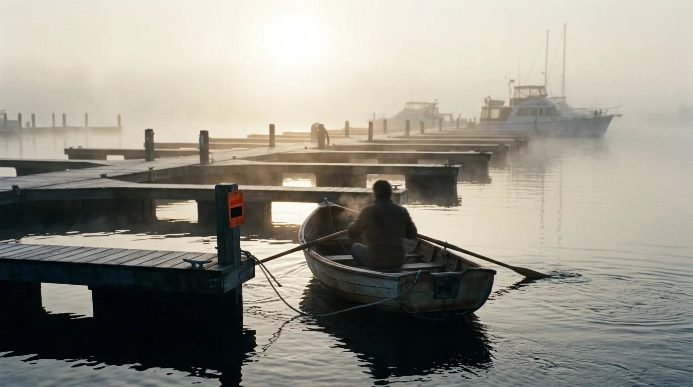 A small boat leaving one berth in a misty dawn marina, standing for the first of six launch platforms for indie hackers to try, while the other berths sit empty.