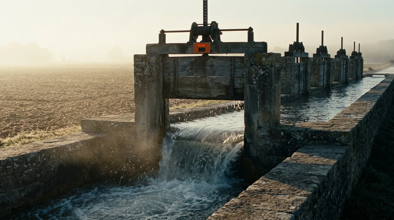 An irrigation floodgate lifted at one channel on a stone canal while five identical gates downstream stay shut.