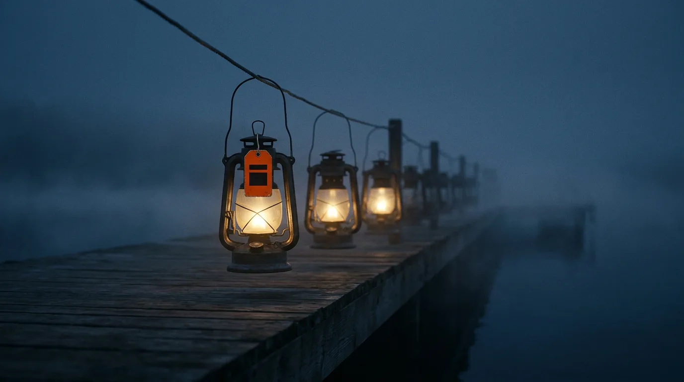 A row of dock lanterns at dusk with only the first few lit in sequence while the rest wait unlit in the fog.