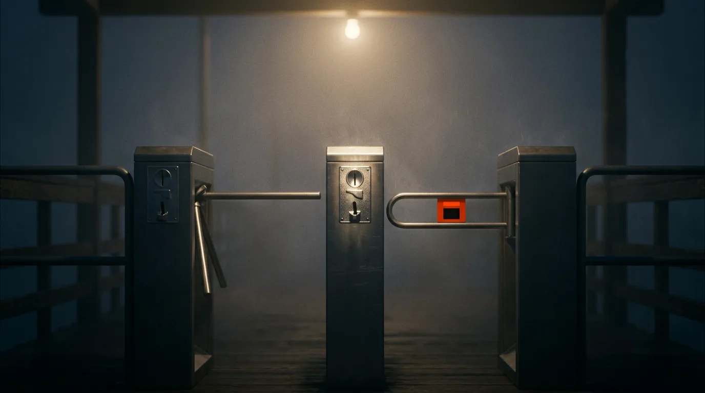 Two coin turnstiles at a foggy pier entrance, one standing open and free, the other shut with its coin slot lit.