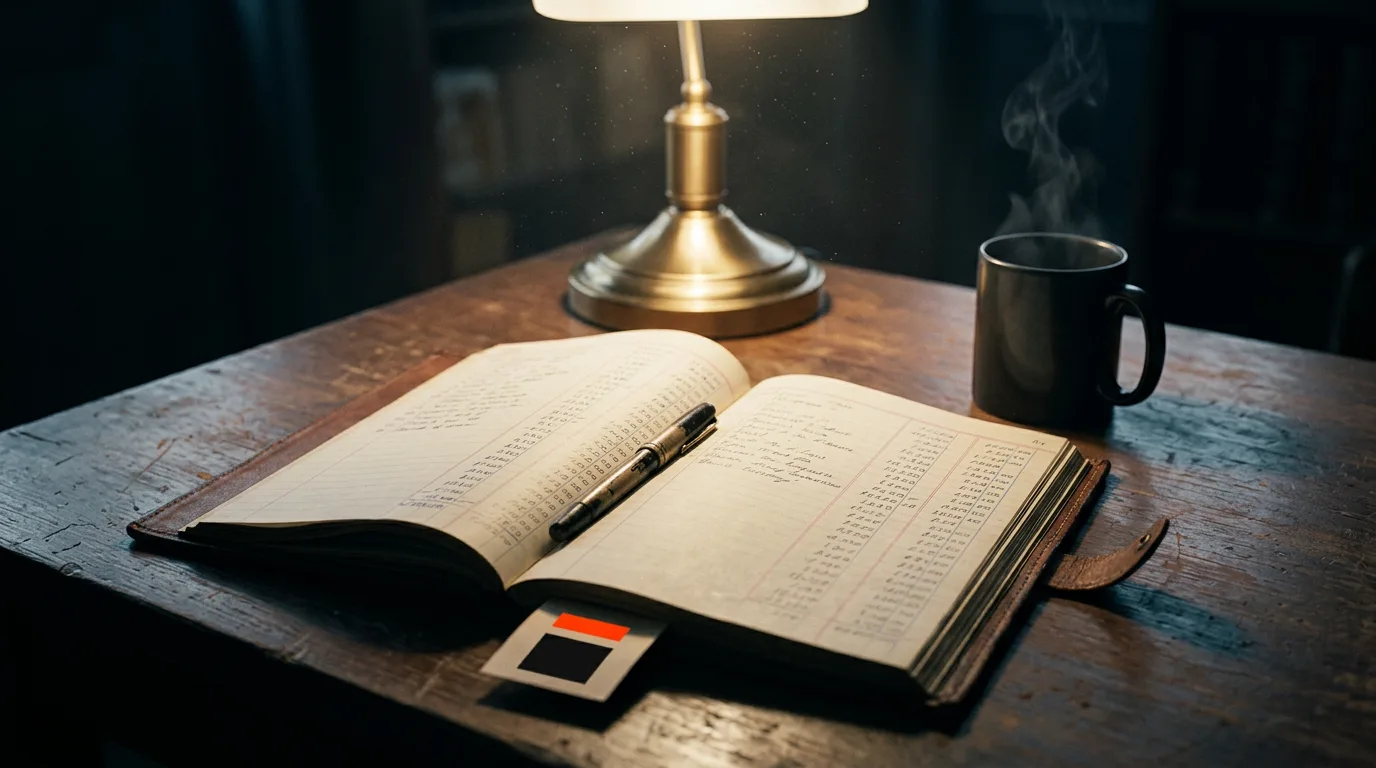 An open leather ledger under a brass desk lamp, steam rising from a mug beside it in an otherwise dark room.