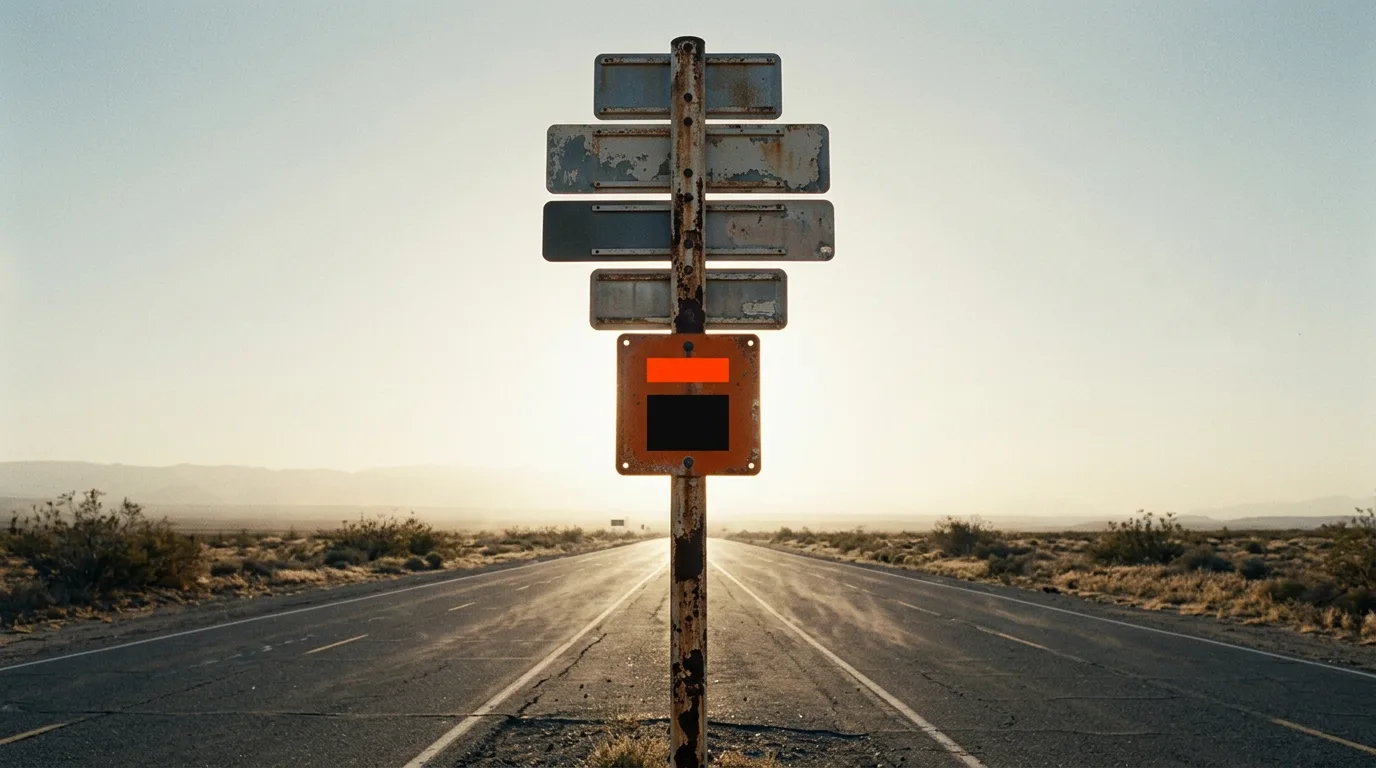 A tall rusted signpost with several blank weathered plates stands at the centre of an empty desert highway at sunset.