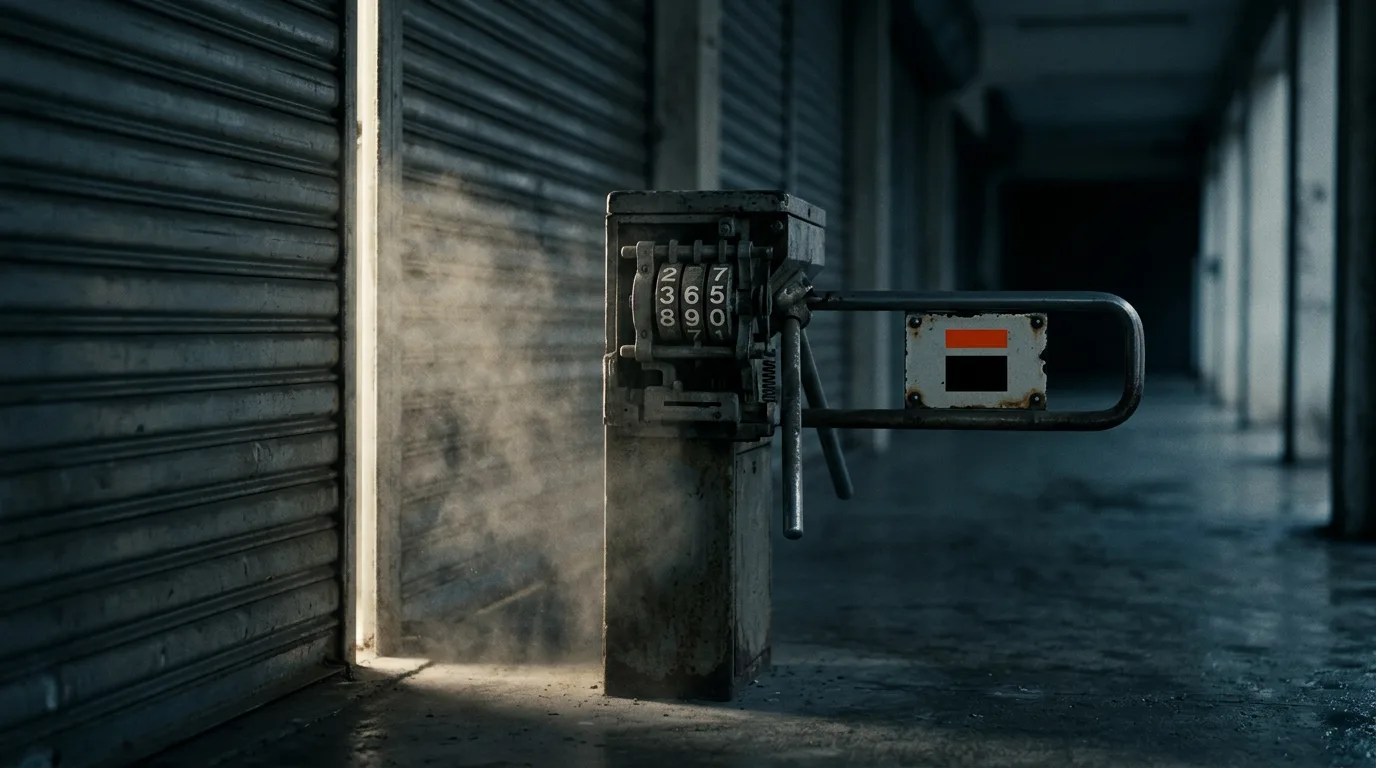 A coin-operated turnstile counter frozen mid-turn, lit by a thin blade of daylight through a closed metal shutter.