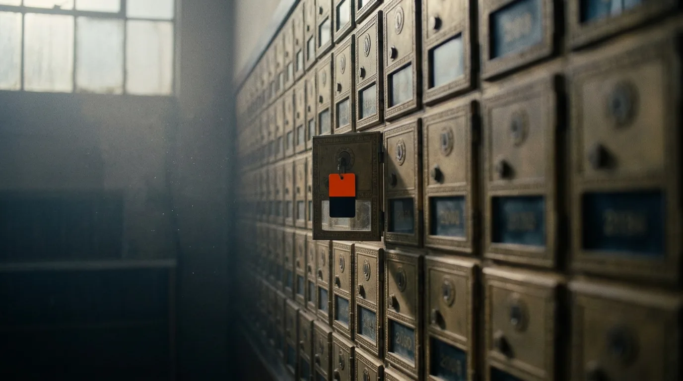 Rows of brass post office boxes lit by early dawn light, one door marked with a small orange tag.