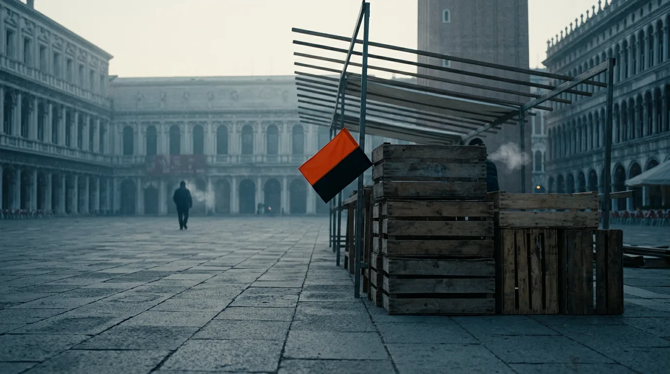 A market stall being set up before sunrise, one crate marked with a small orange flag, standing for cheaper newsletter sponsorship alternatives.