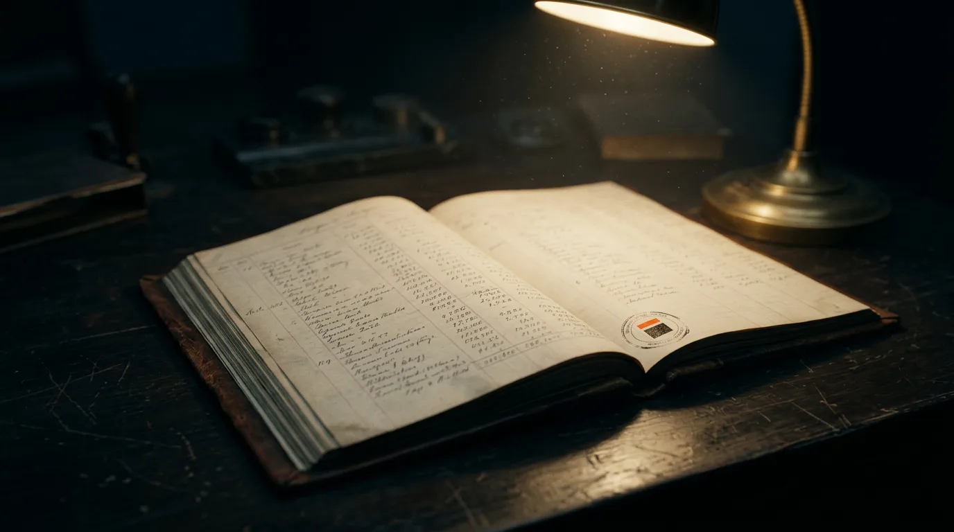 A leather ledger open under a lamp at night, its corner stamped with a small orange seal.