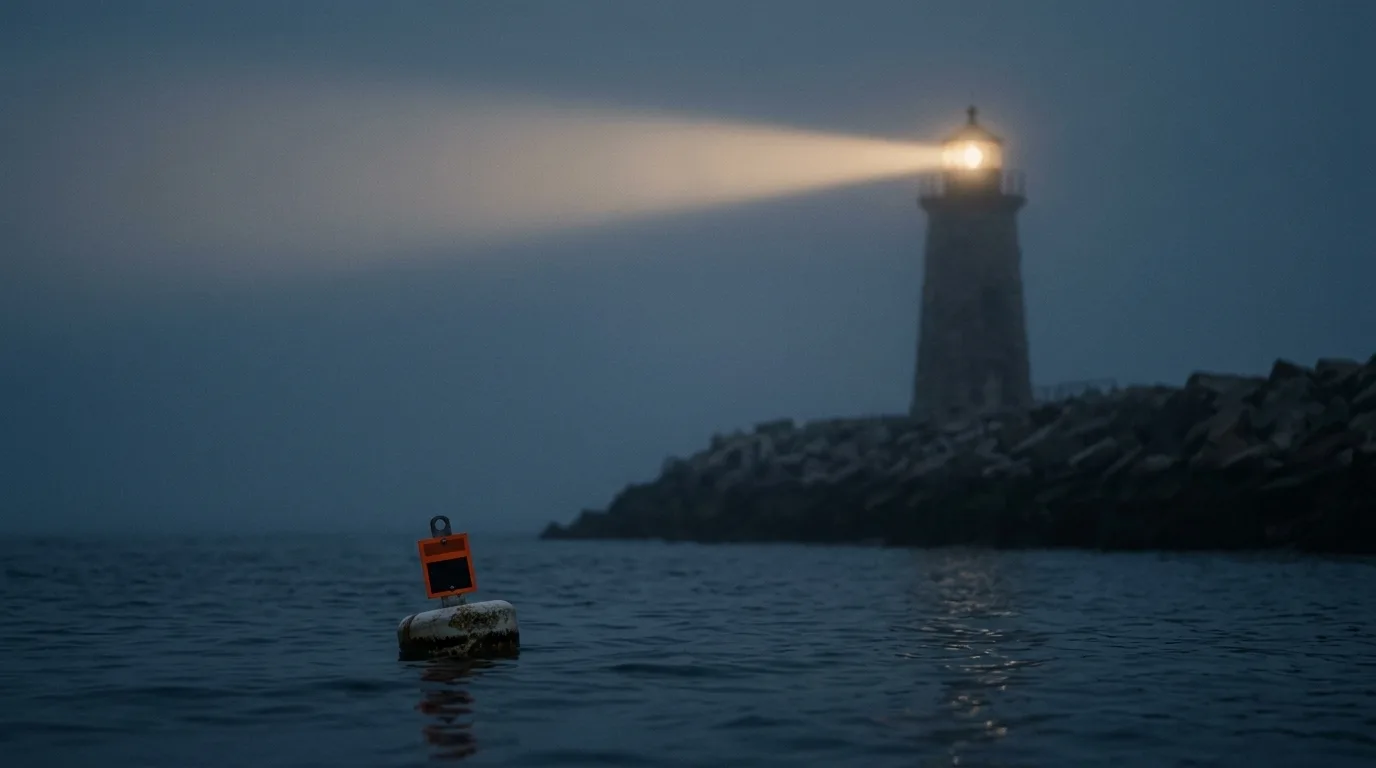 A lighthouse beam sweeping over a foggy harbor at dusk, a buoy in the foreground marked with a small orange tag.