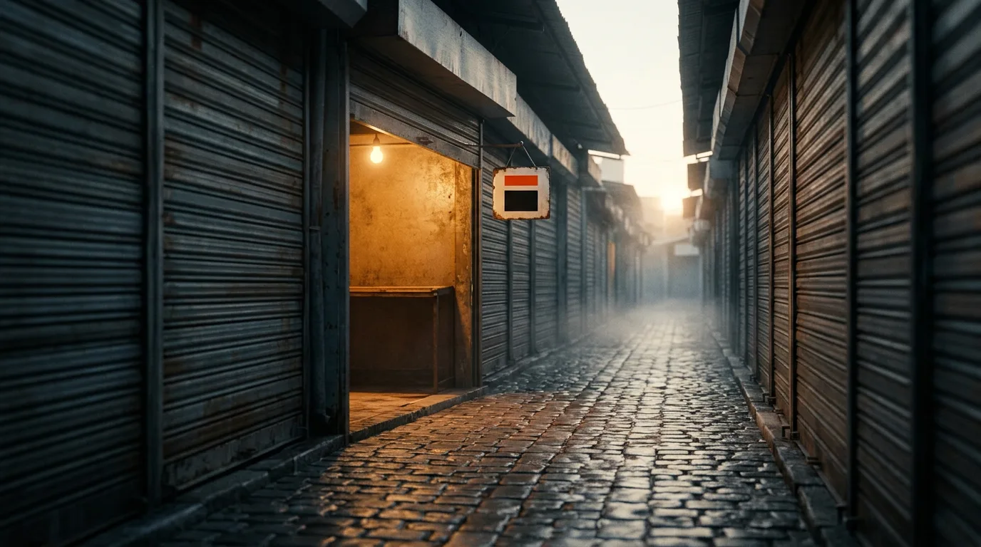 A single lit market stall shutter half raised among a long row of closed shutters on a misty street at dawn.