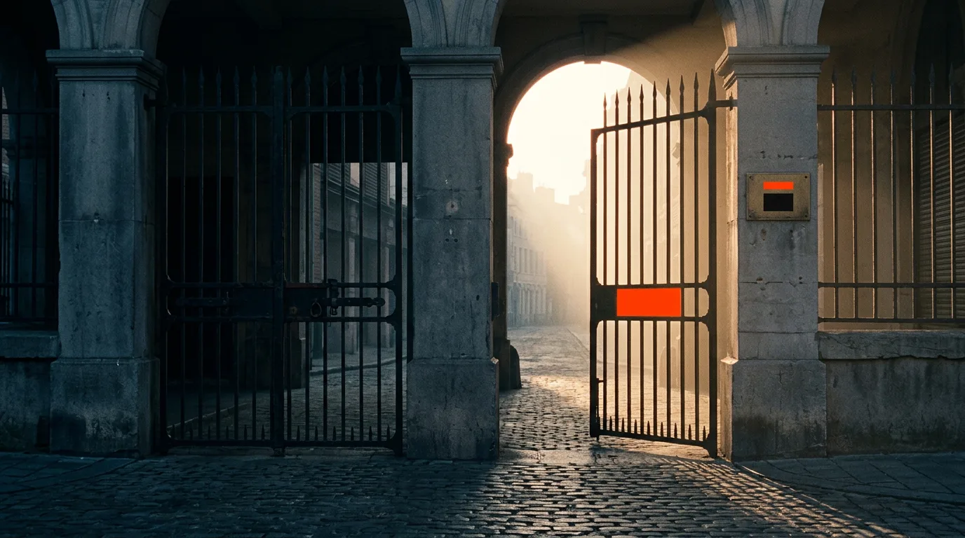Two tall market gates side by side, one open and lit with morning sun, the other bolted shut in shadow.