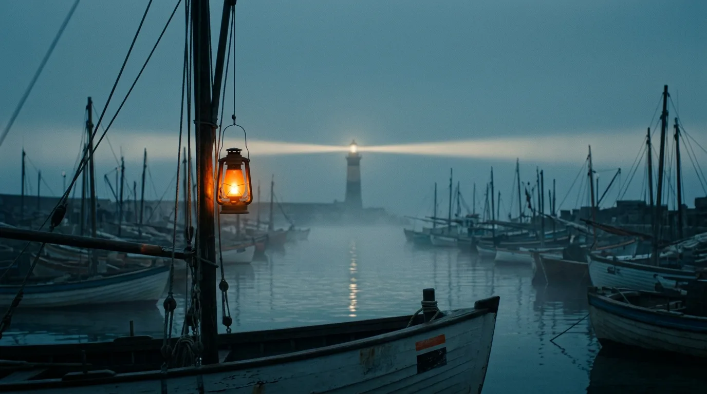A lighthouse beam sweeping over a harbor of small fishing boats at dusk in drifting mist.