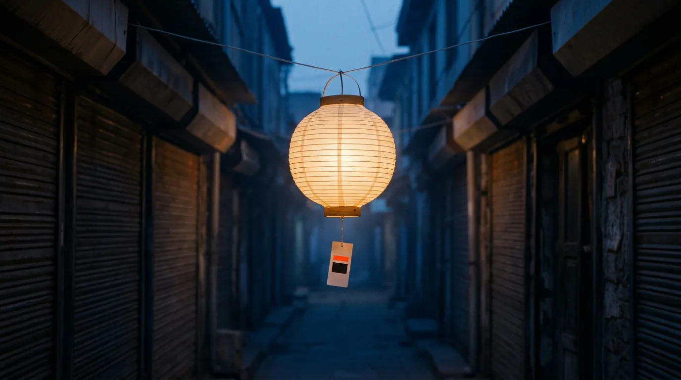 A single paper lantern glowing above a narrow alley of shuttered shops at dusk.