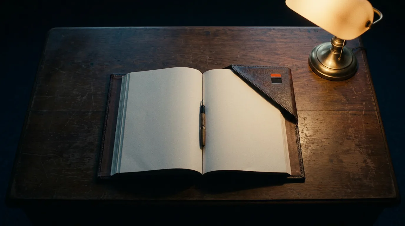 An open ledger with blank pages on a wooden desk lit by a brass lamp, the kind of tally kept when pricing carbon ads alternatives against Carbon's own rate card.