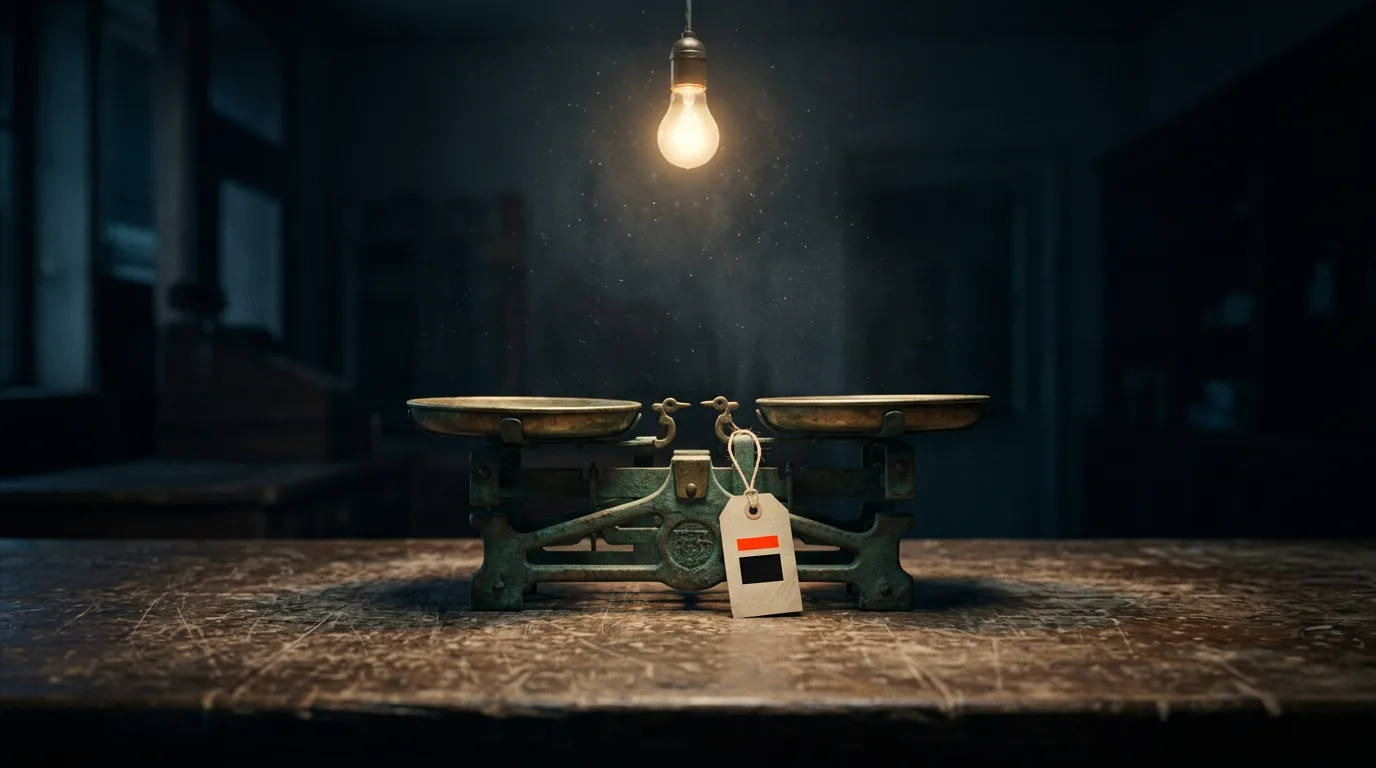 An old brass balance scale under a hanging bulb on a wooden counter in a dim shopfront before opening.
