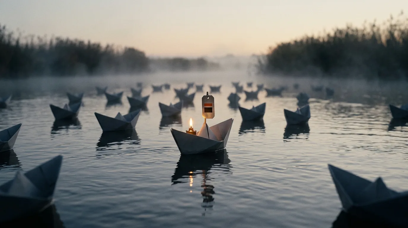 Small paper boats drift down a misty river at dawn, one lit by a lantern carrying a small marked tag on its mast.